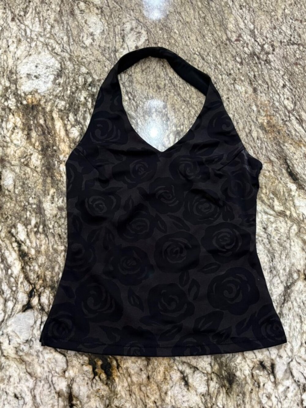 Vintage Y2K Rave City Black Rose Floral Halter Tank Top